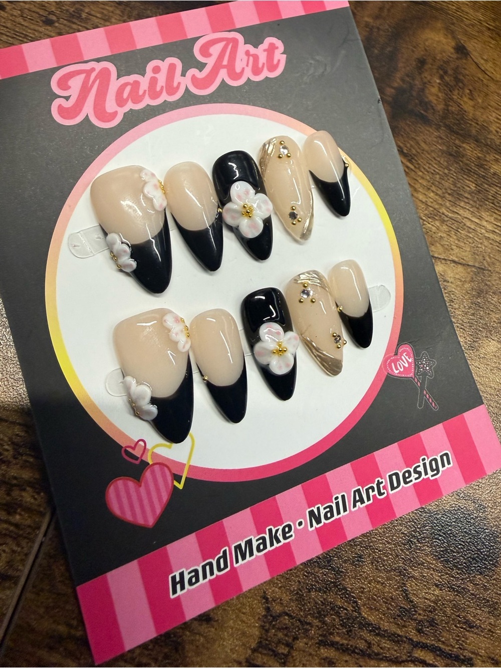 3D Flower Black tips Press-On Nails – Medium Size